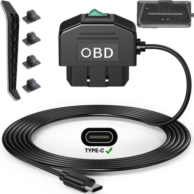 Dash Cam Hardwire Kit OBD, Type C Dash Camera Hardwire Kit USB C with OBD Power Cable for Dashcam 12-24V to 5V/3A with Low Voltage Protection 24h Parking Surveillance/Acc Mode for Dashcam, GPS, Radar