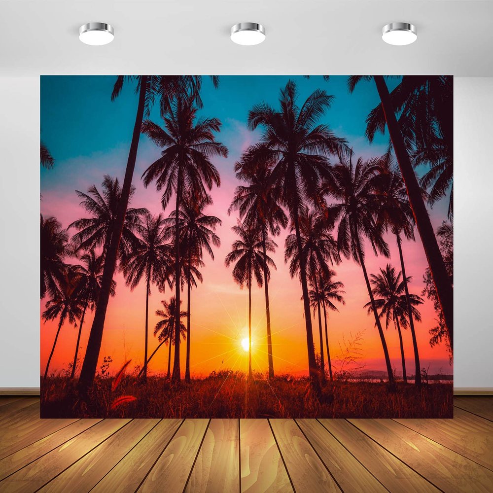 BELECO 10x8ft Fabric Sunset Beach Backdrop Tropical Seaside Coconut Palm Trees Background Backdrop Summer Beach Sunset Hawaii Luau Party Decorations Birthday Photoshoot Studio Photo Props