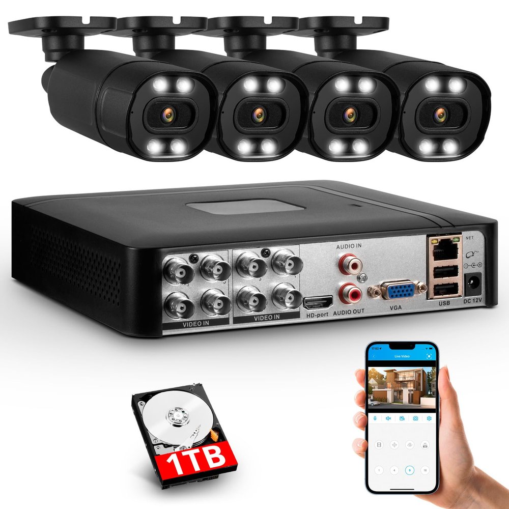 8CH H.265+ DVR and 4 x 1920TVL 2MP Home CCTV Cameras,Wired Security Camera System Outdoor, Smart face Capture and face Retrieval Functions,Email Alert, Mobile APP & PC Remote,1TB Hard Drive