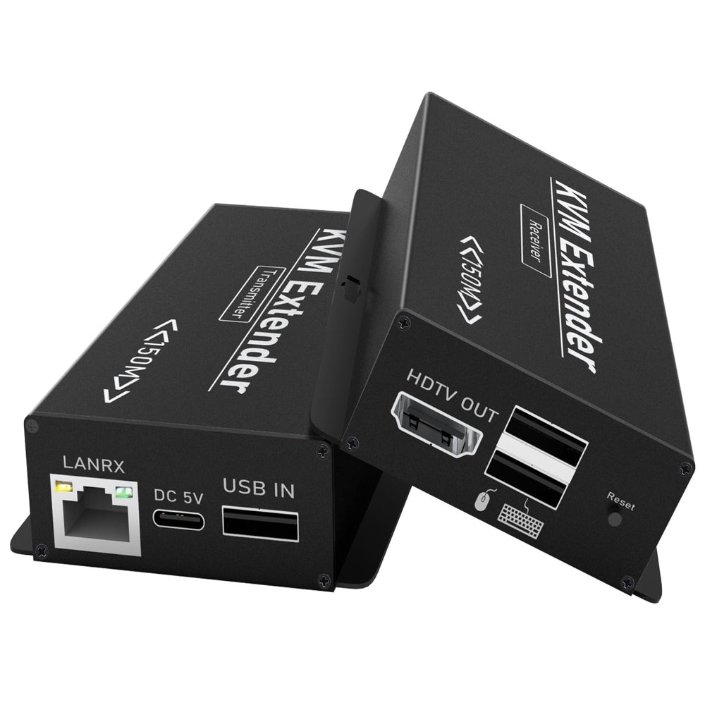 492FT HDMI KVM USB Extender, HDMI to RJ45 Over Cat5e/6/7, Balun 1080P@60hz Transmitter Receiver USB Keyboard/Mouse Control No Latency Single Power Plug & Play (Transmitter + Receiver)