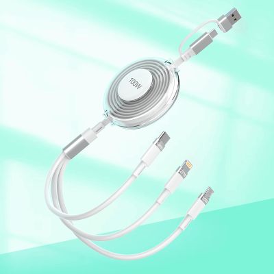 100W Retractable Multi 5-in-1 USB A/Type C to Lightning+USB C+Micro Charging Cable for All Apple iPhone,100W+27W Fast Multiple Charger Cord for iPhone 15 14 13 12/Samsung/iPad Pro