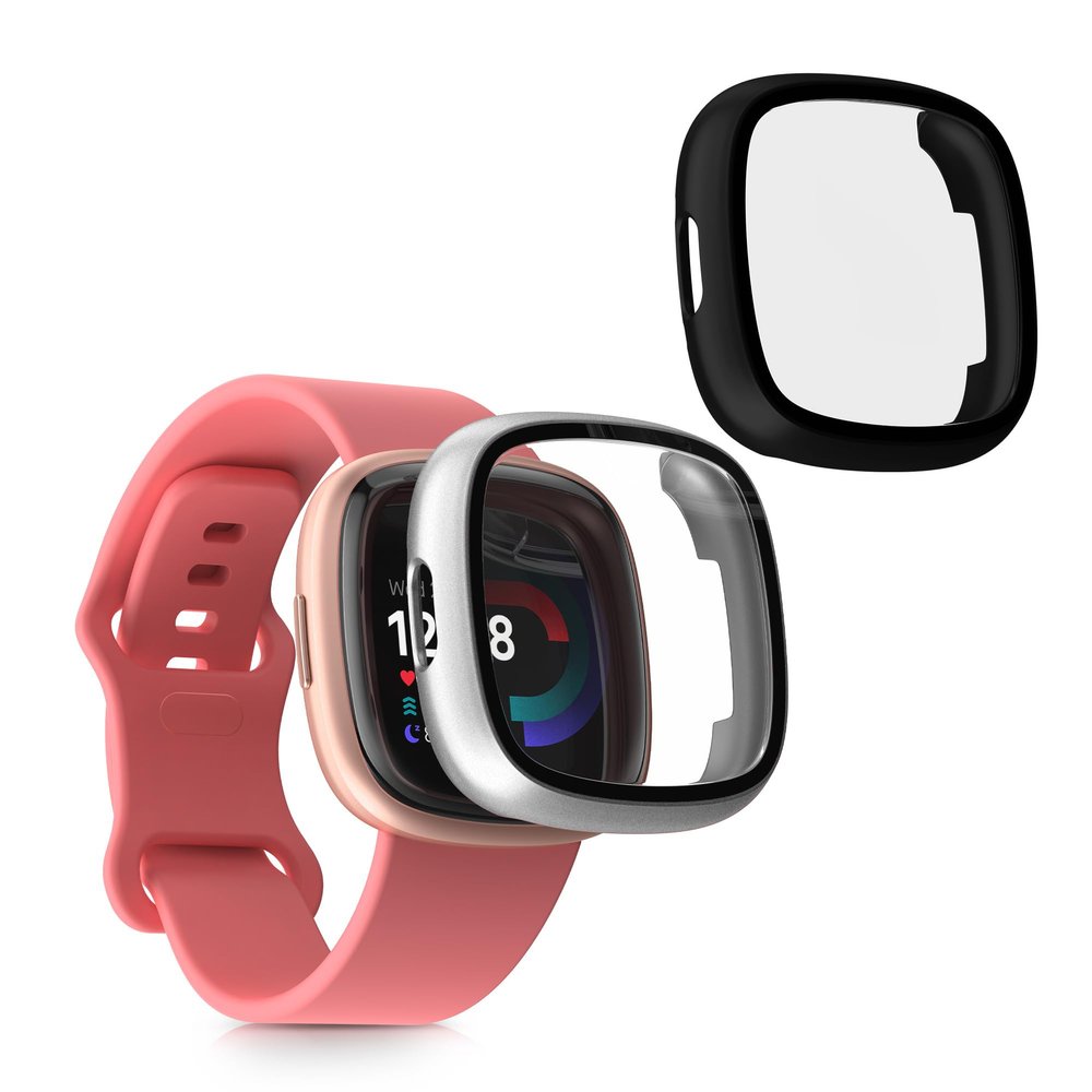 kwmobile Cover Compatible with Fitbit Versa 4 / Sense 2 Covers - 2X Tempered Glass with Plastic Frame - Black/Silver