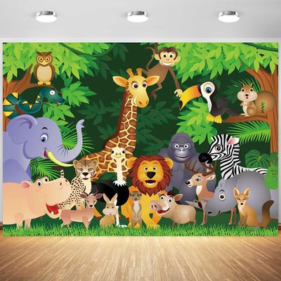 12x8ft Safari Backdrop Cartoon Jungle Animals Forest Zoo Photography Background Kids Birthday Baby Shower Party Cake Table Banner Decoration Supplies Photo Booth Props
