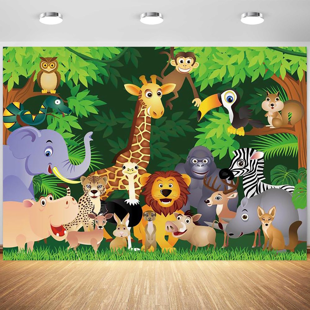 12x8ft Safari Backdrop Cartoon Jungle Animals Forest Zoo Photography Background Kids Birthday Baby Shower Party Cake Table Banner Decoration Supplies Photo Booth Props