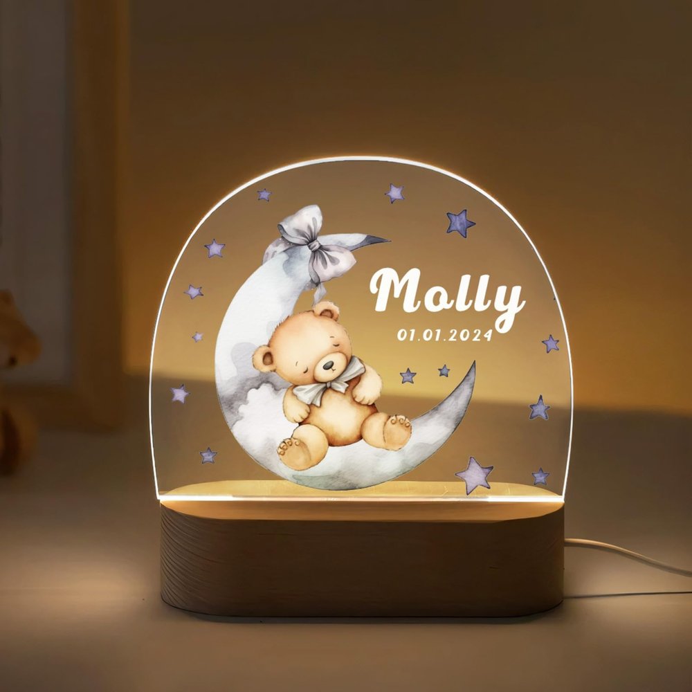 Goodqueen Custom Moon and Bear Acrylic Night Light Lamp, Personalized Name Moon and Stars, USB Wood Base, Newborns Kids Gift, Color Changing, Art Deco