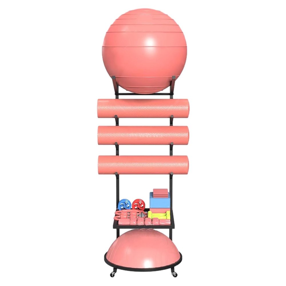 SAYOBO Yoga Mat Holder Floor Standing Yoga Mat Holder with Wheels, Gym Yoga Ball Foam Roller Storage Rack - 6 Tier, Universal Display Shelf Fitness Gear Organizer