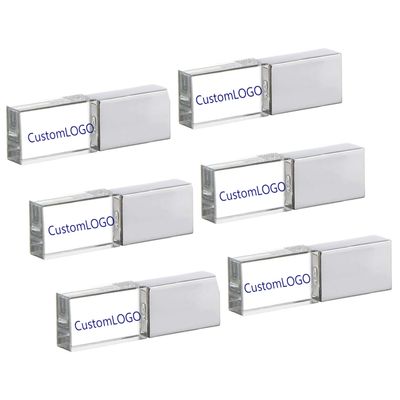 Mathiso Customized Logo 6 Pack USB 3.0 Large Capacity Flash Crystal Memory Drive, Crystal LED Light Memory Stick, Glass Transparent Thumb Drive Blue Light USB3.0 (32GB*6PACK)