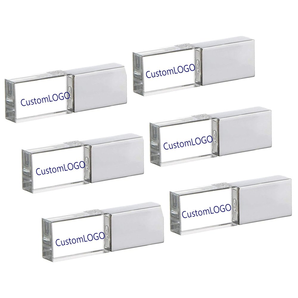 Mathiso Customized Logo 6 Pack USB 3.0 Large Capacity Flash Crystal Memory Drive, Crystal LED Light Memory Stick, Glass Transparent Thumb Drive Blue Light USB3.0 (32GB*6PACK)