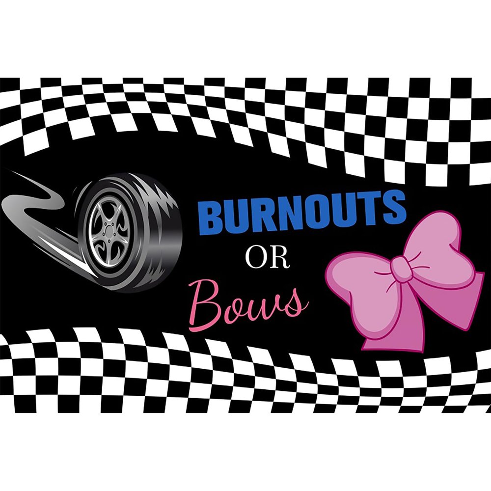 Baocicco 12x10ft Burnouts or Bows Photo Backdrop Pink Bow Racing Flags Photography Background for Gender Reveal Party Pink or Blue He or She Baby Shower Party Cake Table Decor Baby Portrait