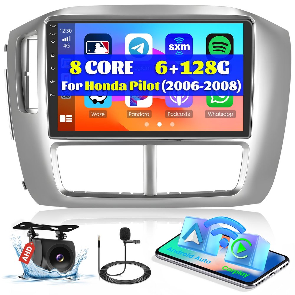 8Core 6+128G Android 15 Car Stereo for 2006 2007 2008 Honda Pilot,9 inch IPS 1280 * 720 Touch Screen Radio Wireless Apple Carplay Android Auto DSP 5G WiFi Bluetooth GPS FM RDS+Free AHD Backup Camera