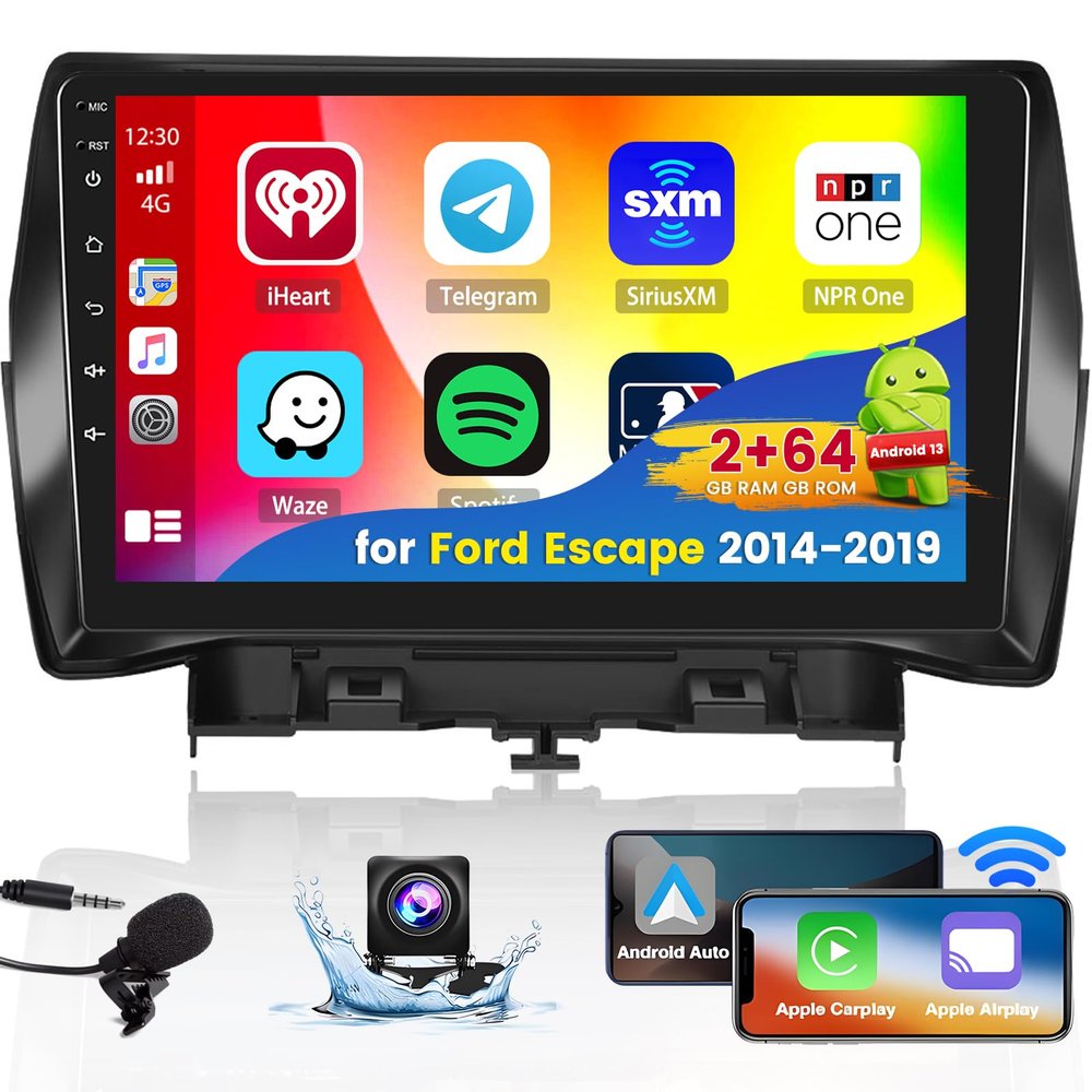 Roinvou 2+64G Android CarPlay Stereo for 2014-2019 Ford Escape, Built-in Wireless CarPlay Radio with Android Auto, 9'' Touch Screen in-Dash GPS Navigation Support Mirror Link BT FM RDS AHD DSP