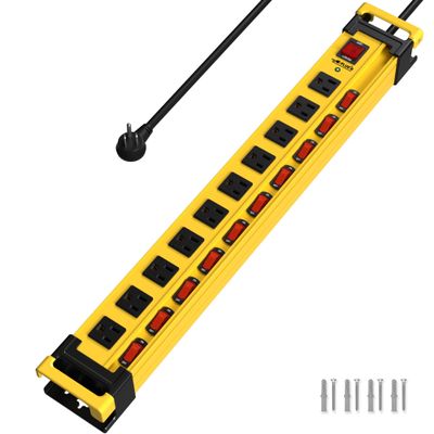 Plug'n Heavy Duty Power Strip with 3300J Surge Protector,10 Outlets Individual Switches with Cord Manager,15A/1875W/14AWG/9FT Cord,Metal Power Strip for Garage,Workshop,Home,Office