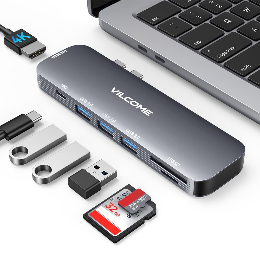 Vilcome USB C Adapter for MacBook Pro/Air M1 M2 M3 2023 2022 2021 2020 2019, 7-in-2 USB-C Hub MacBook Pro Accessories with Thunderbolt 3 PD Port, 4K@60Hz HDMI, 3 USB 3.0 Ports, TF/SD Card Reader