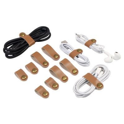 Coideal Leather Cable Ties Organizer, 20 Pcs Earphone Cable Straps Reusable USB Cord Keeper with Snap Cord Clips Holder for Phone (Short + Long, Brown)