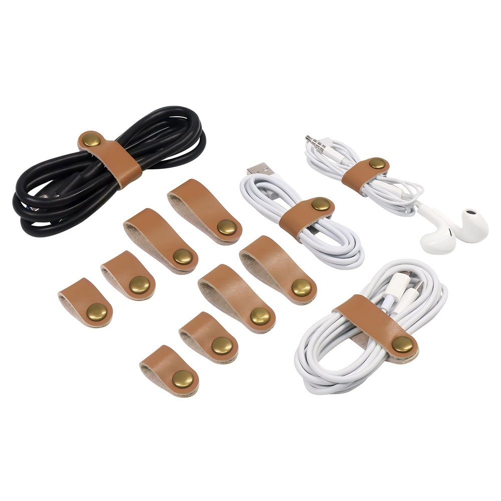 Coideal Leather Cable Ties Organizer, 20 Pcs Earphone Cable Straps Reusable USB Cord Keeper with Snap Cord Clips Holder for Phone (Short + Long, Brown)