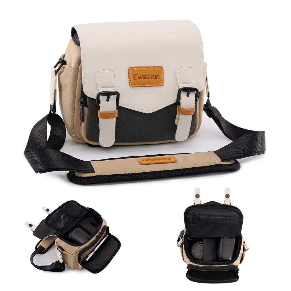 Cwatcun Camera Shoulder Bag Compact Camera Case, Small Waterproof Camera Messenger Bag with Tripod Holder, Travel Photography Bag for Canon, Nikon, Sony, Fuji DSLR/SLR/Mirrorless Camera, Lens