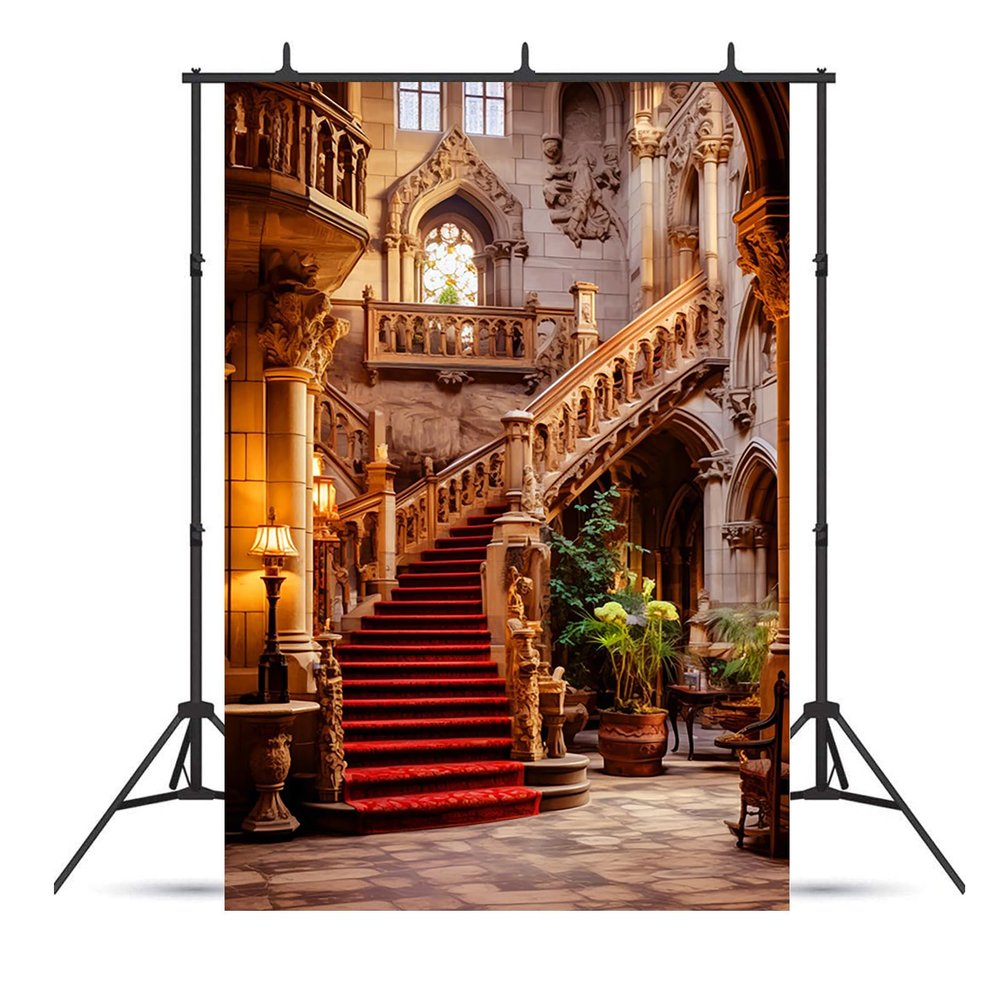 10x15ft Castle Backdrop Castle Interior Luxurious Stairs Photography Background Kids Birthday Party Adults Portraits Decoration Supplies Photo Booth Props
