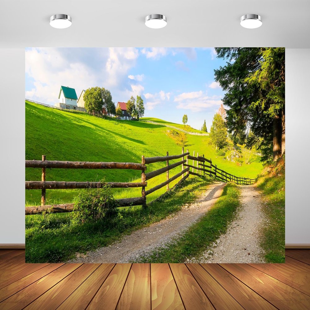 BELECO 12x8ft Fabric Countryside Village Backdrop Green Hills Wooden House, Wooden Fence Rural Road Background Outdoor Nature Kid Adult Artistic Portrait Photoshoot Studio Props