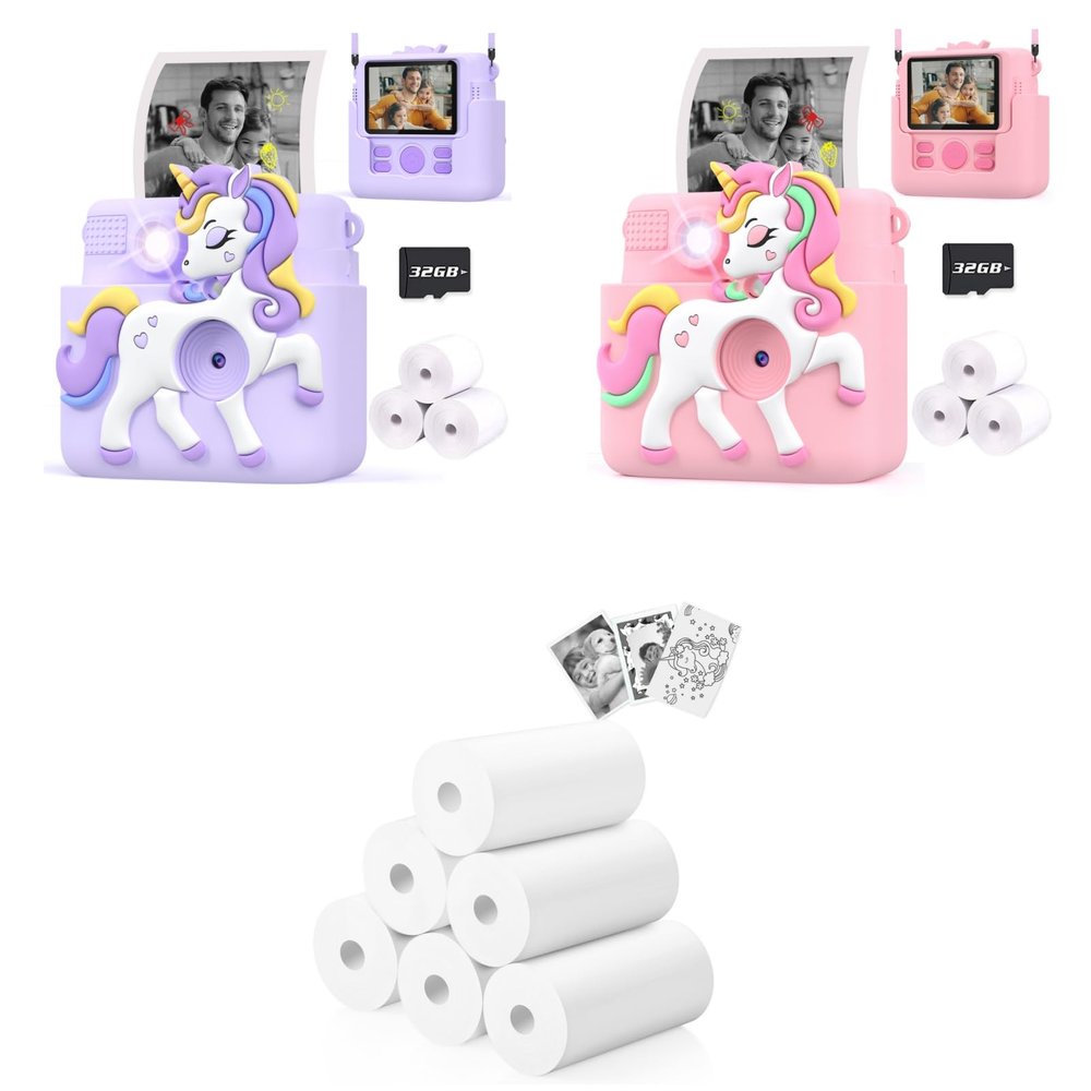 Careenoah Kids Instant Camera Lilac and Pink, Extra 6 Rolls Thermal Photo Paper