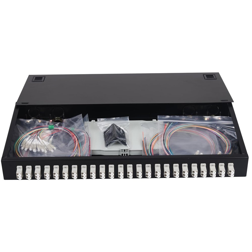 Xunsomten-24 Duplex Multi Mode 48 Port LC-OM2 Rack Mount Enclosure Box + Splice Trays Fiber Cables LC-OM2 Kit, 48 Core LGX Patch Panel Box fits for 19" Racks Cabinet (Include Pigtail & Couplers)