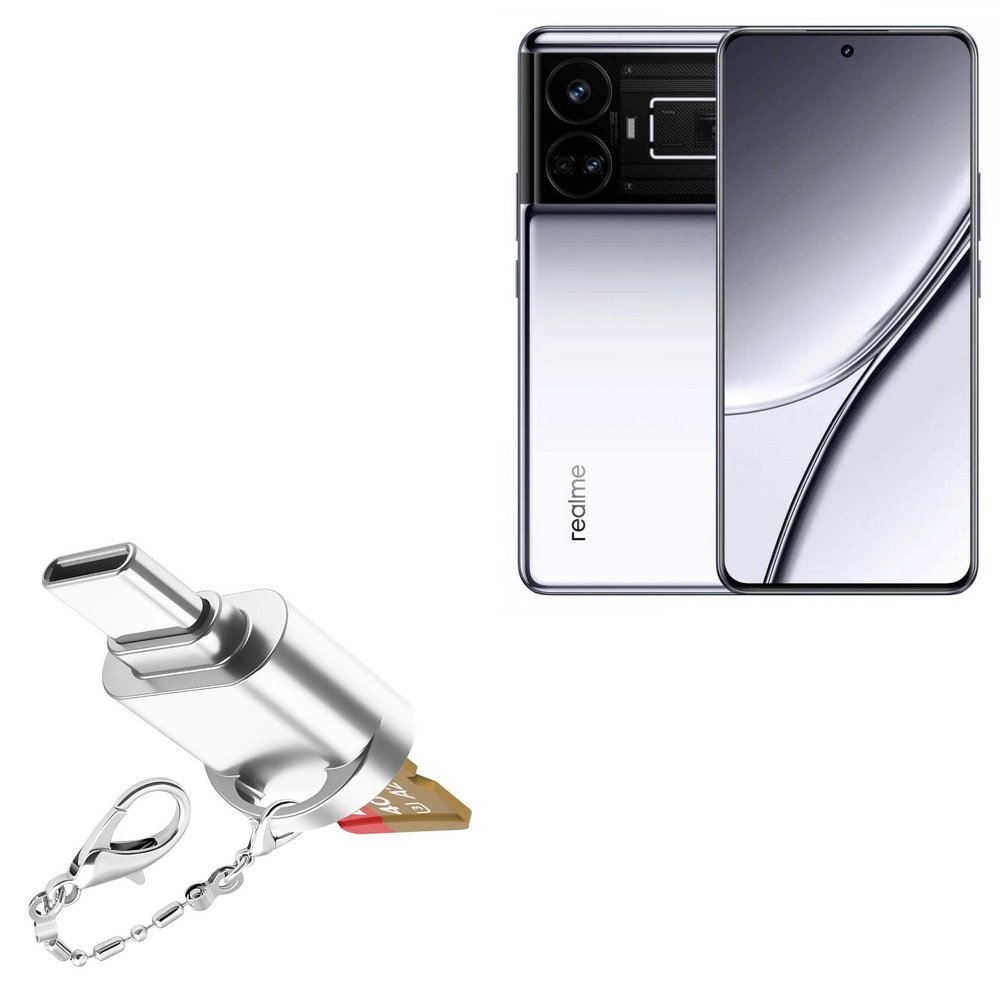 BoxWave Adapter Compatible with Realme GT5 - Micro SD Card miniReader, USB Type-C OTG Reader USB3.0 Adapter Keychain - Metallic Silver