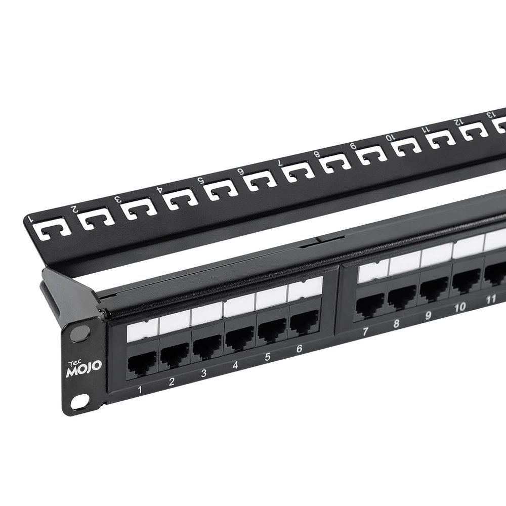 Tecmojo UL Listed 24 Port Cat6 Patch Panel, 1U Network Patch Panel for 19 inch Rack Mount equipments, 10G Support, with Cable Management, Unshielded