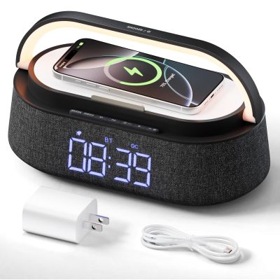 FREEFISH Bluetooth Speaker with Fast Wireless Charger,FM Radio,Touch LED Night Light,Phone Holder,Snooze,Portable Wireless Speaker for Bedrooms Office Home,Gifts (Black)