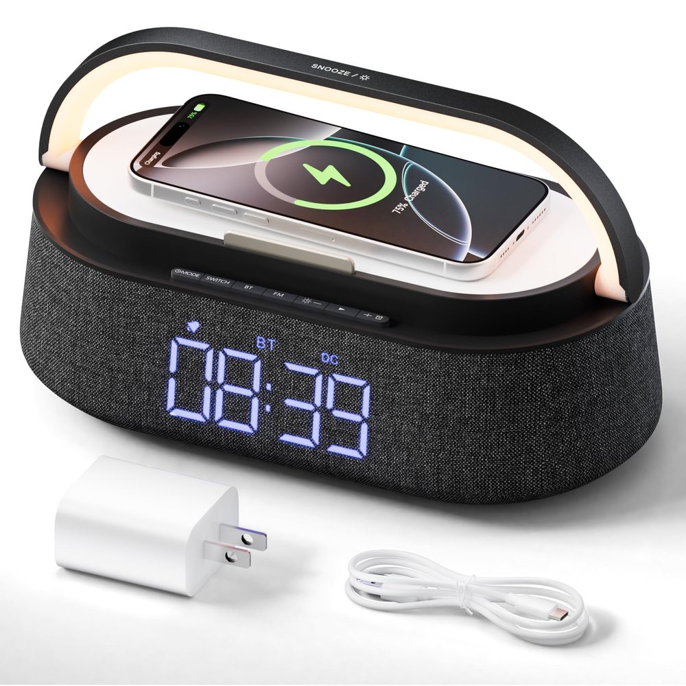 FREEFISH Bluetooth Speaker with Fast Wireless Charger,FM Radio,Touch LED Night Light,Phone Holder,Snooze,Portable Wireless Speaker for Bedrooms Office Home,Gifts (Black)