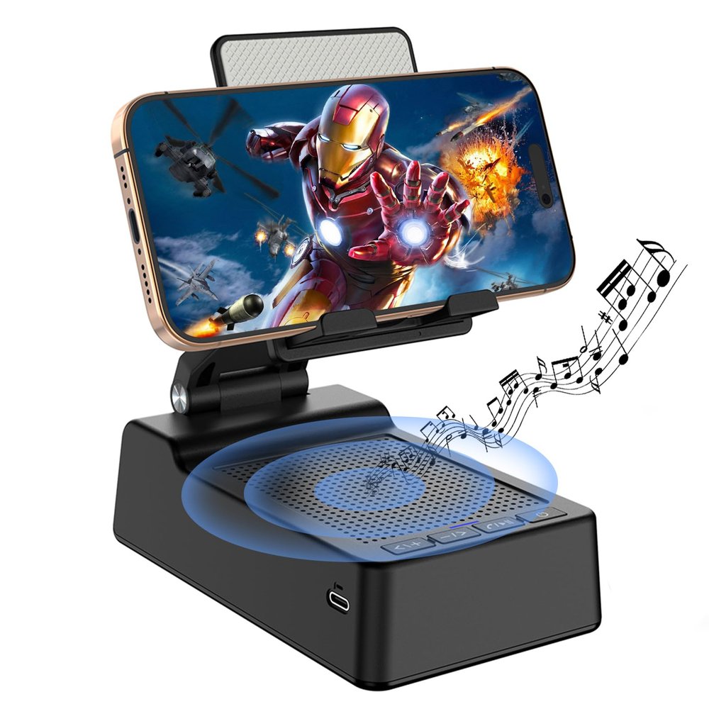 Fanlory Birthday Gifts for Men,Cell Phone Stand with Wireless Bluetooth Speaker and Antislip Base HD Surround Sound for Home with Bluetooth Speaker for Desk Compatible with iPhone,ipad (Black)