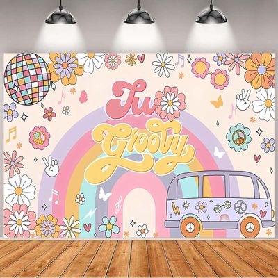 Daisy Boho Rainbow Birthday Backdrop Two Groovy Retro Hippie Boys Girl 2nd Birthday Party Decor Photo Background 70's Daisy Hippie Peace Love Party Background Cake Table Banner (8x6feet)