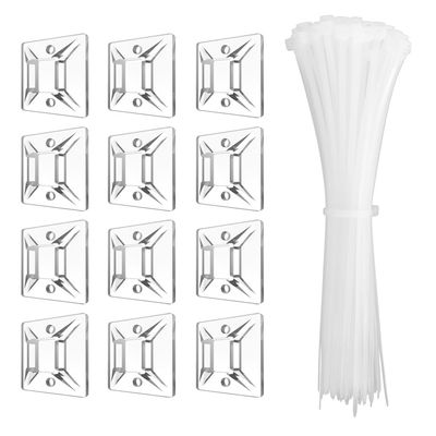 Kanemc 240Pcs Clear Cable Ties Mounts, 5.9'' Heavy Duty Zip Ties 120Pcs + 3/4" Adhesive Cable Holders 120Pcs, Self Locking Nylon Wire Ties Screw Hole Squares Anchor For Cord Organizer (Transparent)