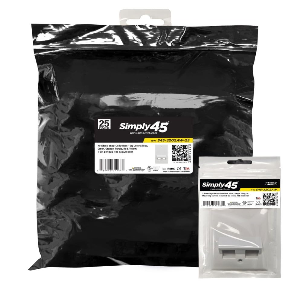 Simply45 2-Port Angled Keystone Wall Plate - White, Standard Single Gang, UL Certified, Reinforced Screw Holes - 25-Pack - S45-3202AW-25