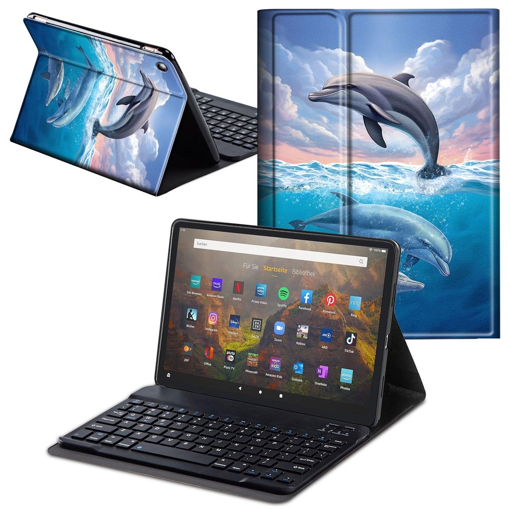 CAPAUNVDA for Kindle Fire HD 8 & 8 Plus Tablet Case with Keyboard 8 Inch (12th /10th Generation, 2022/2020 Release),Soft PU Stand Folio Cover with Detachable Wireless Keyboard,Cute Dolphin