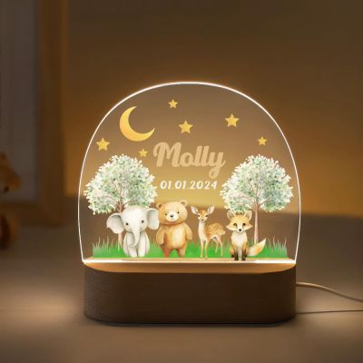 Goodqueen Personalized Forest Animals Acrylic Lamp with Name, Custom Elephant Bear Deer Acrylic Lamp for Baby, Customized Moon Stars Baby Night Light Personalized Gifts for Boys Girls Toddlers Kids