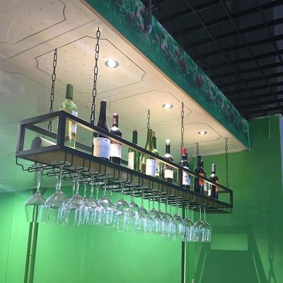 Hanging Wine Rack with Glass Holder and Shelf, Ceiling Mounted Wine Glass Rack Height Adjustable Industrial Hanging Wine Bottle Holder, Black Metal Iron Ceiling Bar Decoration Shelf ( Size : L 180cm/7