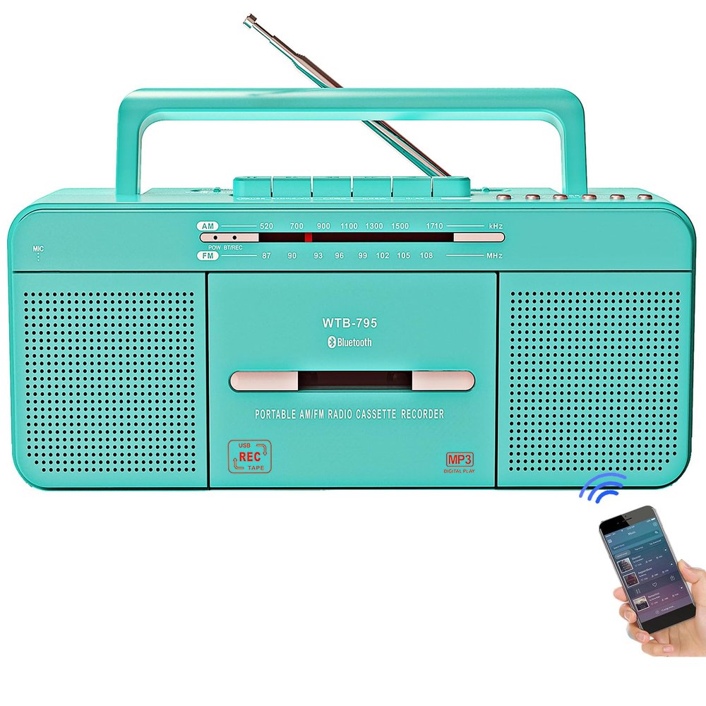 Portable Retro Stylish Cassette Player Recorder Boombox with Bluetooth,USB,AM/FM Radio,Tape Player/Recording,USB Playback/Recording,Cassette to MP3 Converter,Earphone Jack,AC/DC Powered(Teal)