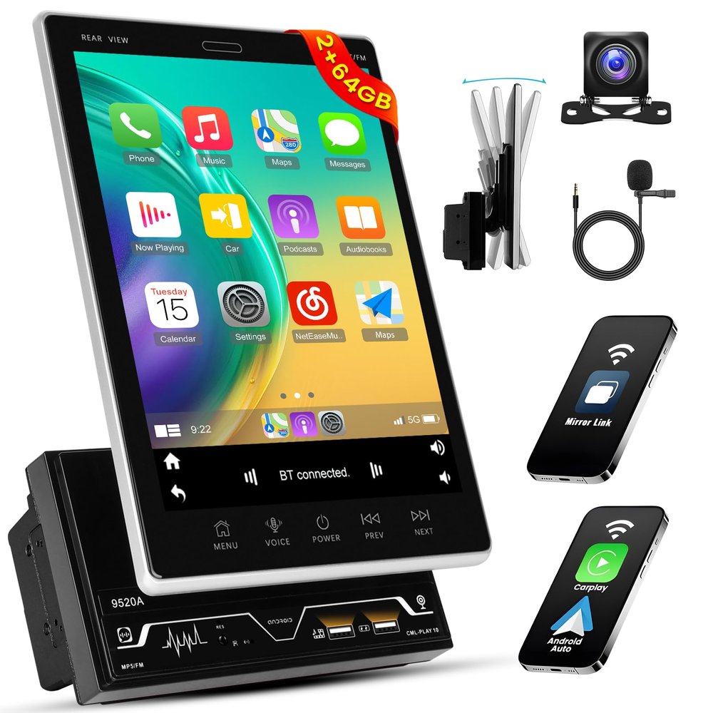 Inefala [2+64GB] Double Din Android 15 Car Stereo with Vertical 9.5 Inch HD Touchscreen, Car Radio with Wireless Carplay Android Auto GPS WiFi Bluetooth FM/RDS EQ SWC Backup Camera MIC