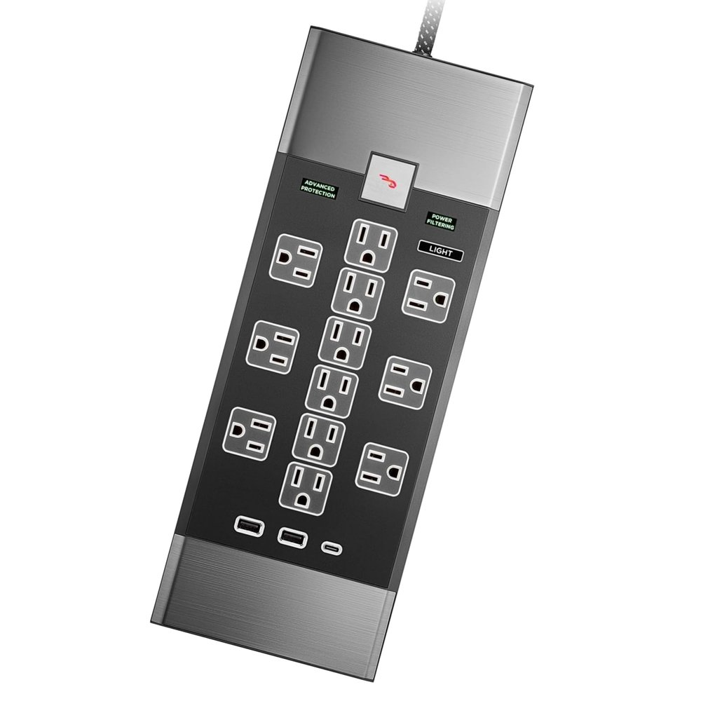 Rocketfish - 12-Outlet 5,280 Joules Surge Protector with USB and USB-C - Apartment & House Essential - Wall Mountable Surge Protector Outlet - Power Strip with Standard & Wide-Spaced Outlets, Black