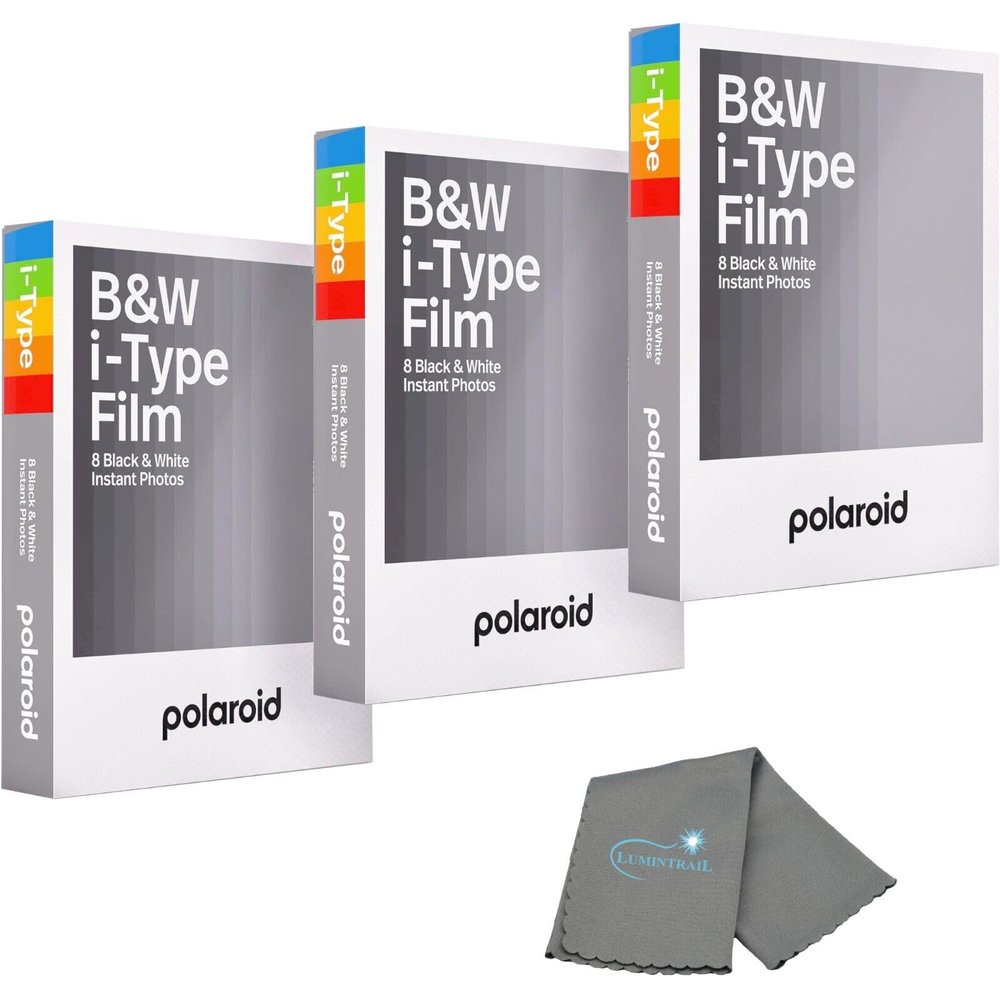 Polaroids Black & White Instant Film, 3 Pack, 24 Photos, B&W Film Works with Polaroid i-Type Cameras, Now, Now+, I-2, & Lab, Bundle with a Lumintrail Lens Cleaning Cloth