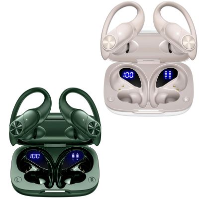 2 Sets Bluetooth Headphones Wireless Earbuds 80hrs Playtime Wireless Charging Case Sports Ear buds with Earhook Premium Deep Bass IPX7 Waterproof Over-Ear Earphones for TV Phone Laptop Olive and White