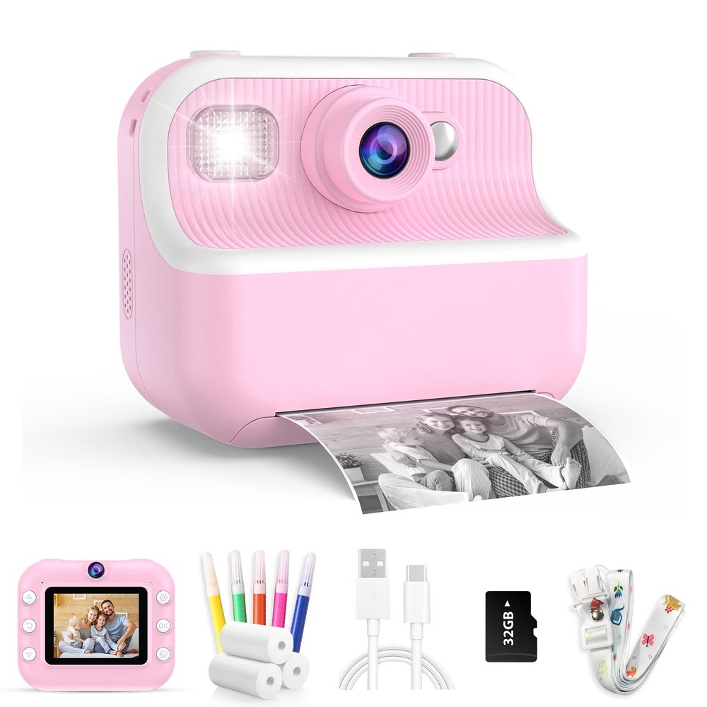 TOZDTO Kids Camera Instant Print,1080P HD Dual Lens Selfie Camera Toys for Girls & Boys Ages 3-12, Instant Photo Printing with 3 Rolls of Paper & 32GB Card, Christmas Birthday Gift for Toddlers (Pink)