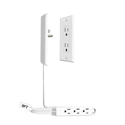 CABOCASA 8FT Ultra Flat Plug Extension Cord Power Strip with 3 Outlets, Patented Detachable Ultra-Thin Outlet Cover Concealer & Ultra-Flat Plug, Max. 13A 125V 1625W ETL Listed, White Color
