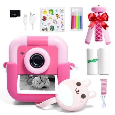 Kids Camera Instant Print,Digital Selfie Camera with Tripod,1080P HD Record Video, Toddler Travel Toys with 16GB Card,Christmas, Birthday Gifts, Portable Toy for 4 5 6 7 8 9 10 Year Old Girl Pink