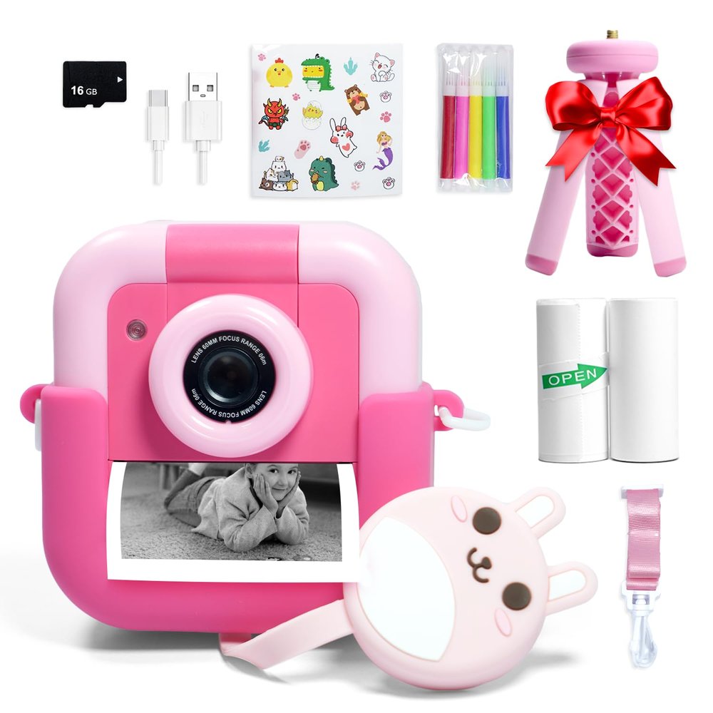 Kids Camera Instant Print,Digital Selfie Camera with Tripod,1080P HD Record Video, Toddler Travel Toys with 16GB Card,Christmas, Birthday Gifts, Portable Toy for 4 5 6 7 8 9 10 Year Old Girl Pink