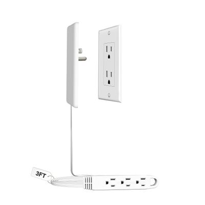 CABOCASA 3FT Ultra Flat Plug Extension Cord Power Strip with 3 Outlets, Patented Detachable Ultra-Thin Outlet Cover Concealer & Ultra-Flat Plug, Max. 13A 125V 1625W ETL Listed, White Color