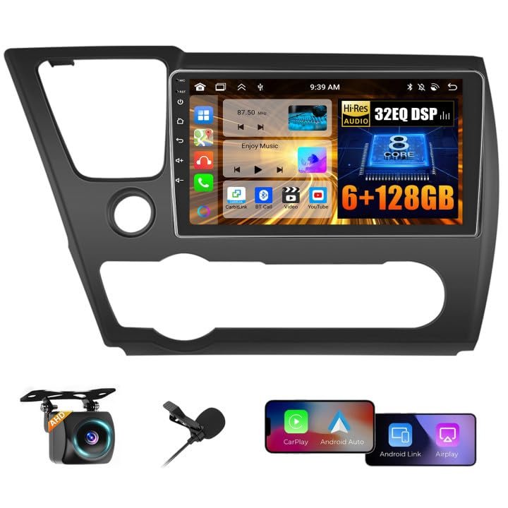 8 Core 6+128GB for Honda Civic 2013-2017 Android Car Stereo with Wireless Apple Carplay, 9 Inch IPS Touchscreen Car Radio 59UI GPS Navigation WiFi 32EQ DSP Backup Camrea