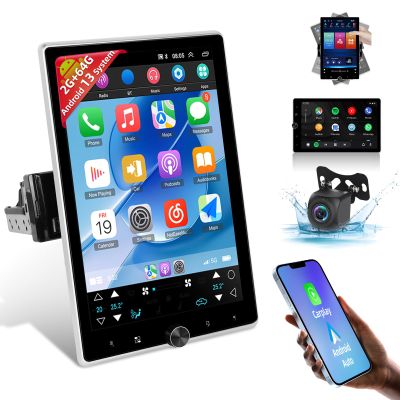 [2G+64G] Android 13 Rotatable Single Din Vertical Car Stereo 10.4 inch Touch Screen Radio Unit with Wireless Carplay & Android Auto/EQ Audio/Bluetooth 4.2/SWC/GPS Navigation/FM RDS
