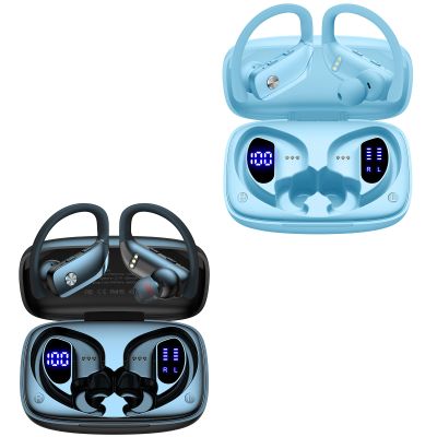 2 Sets Wireless Earbuds Bluetooth Headphones 48hrs Play Back Sport Earphones with LED Display Over-Ear Buds with Earhooks Built-in Mic Headset for Workout Black + Sky Blue
