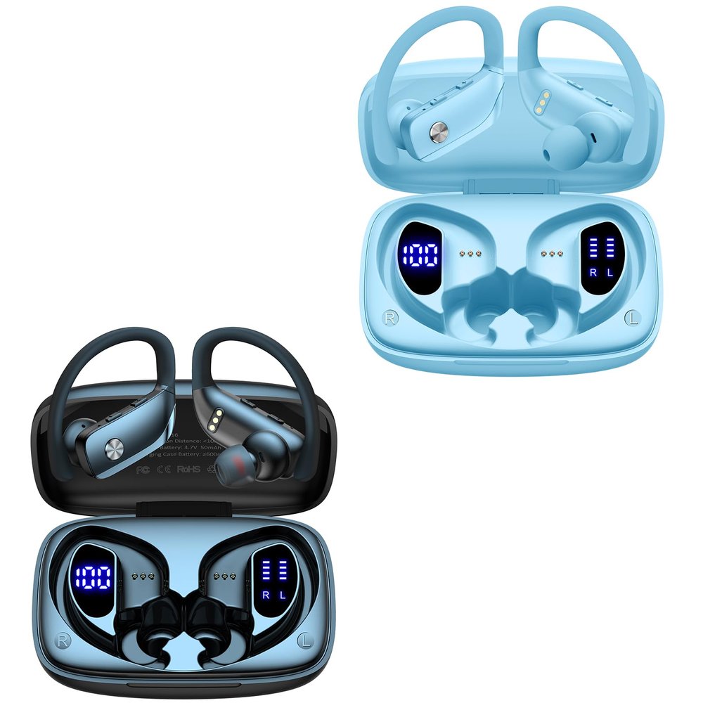 2 Sets Wireless Earbuds Bluetooth Headphones 48hrs Play Back Sport Earphones with LED Display Over-Ear Buds with Earhooks Built-in Mic Headset for Workout Black + Sky Blue
