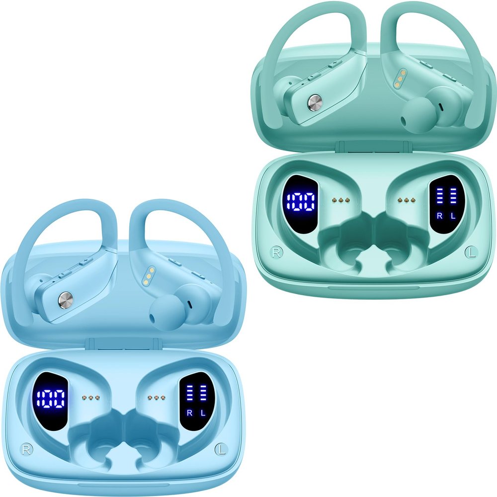 2 Sets Wireless Earbuds Bluetooth Headphones 48hrs Play Back Sport Earphones with LED Display Over-Ear Buds with Earhooks Built-in Mic Headset for Workout Sky Blue+Mint Green